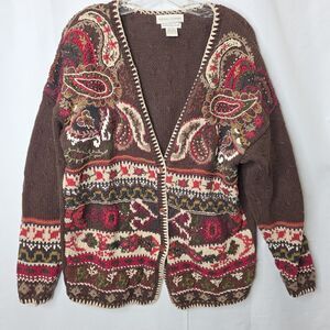 Vtg Sweater Womens Paisley Casual Corner Sz M Chunky Knit Brown Artsy Ecletic